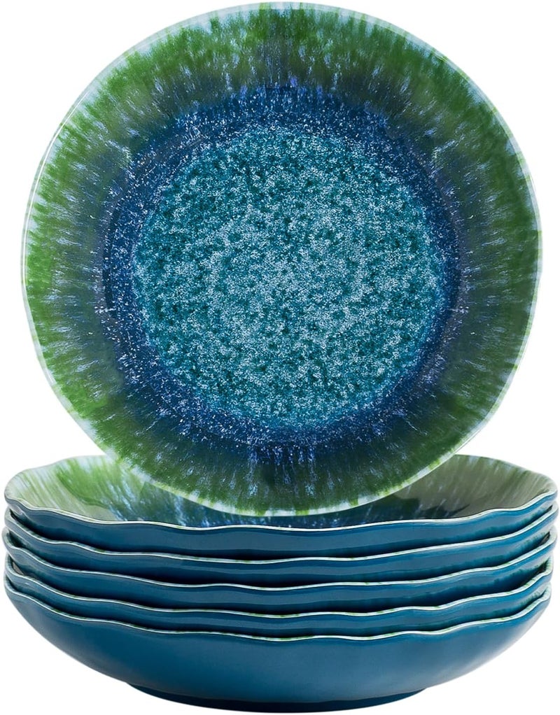Topmela Melamine Pasta Bowls Large Salad Bowls Set 9 inch Sets of 6 pcs Soup Bowls Wide Shallow Flat Turquoise Teal Round Dinnerware Tableware Dishwasher Safe Not Microware Not Oven - Image 1