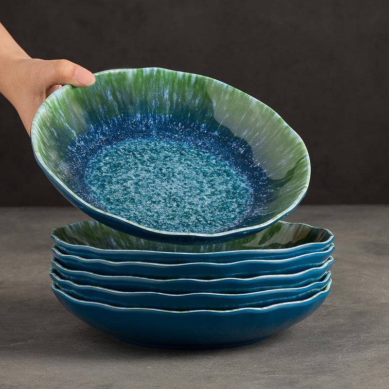 Topmela Melamine Pasta Bowls Large Salad Bowls Set 9 inch Sets of 6 pcs Soup Bowls Wide Shallow Flat Turquoise Teal Round Dinnerware Tableware Dishwasher Safe Not Microware Not Oven - Image 4