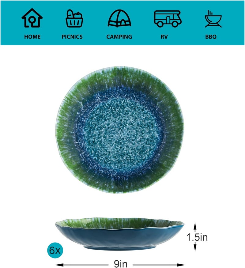 Topmela Melamine Pasta Bowls Large Salad Bowls Set 9 inch Sets of 6 pcs Soup Bowls Wide Shallow Flat Turquoise Teal Round Dinnerware Tableware Dishwasher Safe Not Microware Not Oven - Image 2