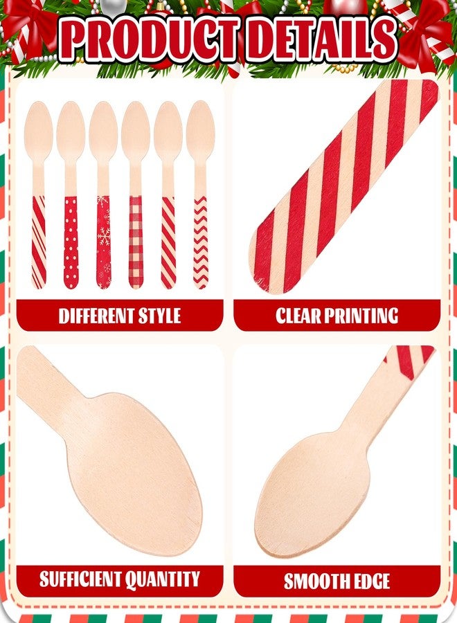 JarThenaAMCS 120Pcs Christmas Wooden Spoon Red Stripe Plaid Dots Pattern Disposable Tasting Spoon 5.5 Inch Xmas Sample Taster Spoon For Hot Chocolate Cake Coffee Ice Cream, 6 Styles - Image 5