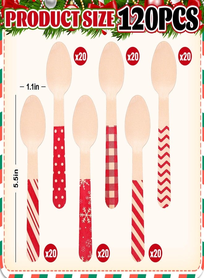 JarThenaAMCS 120Pcs Christmas Wooden Spoon Red Stripe Plaid Dots Pattern Disposable Tasting Spoon 5.5 Inch Xmas Sample Taster Spoon For Hot Chocolate Cake Coffee Ice Cream, 6 Styles - Image 2