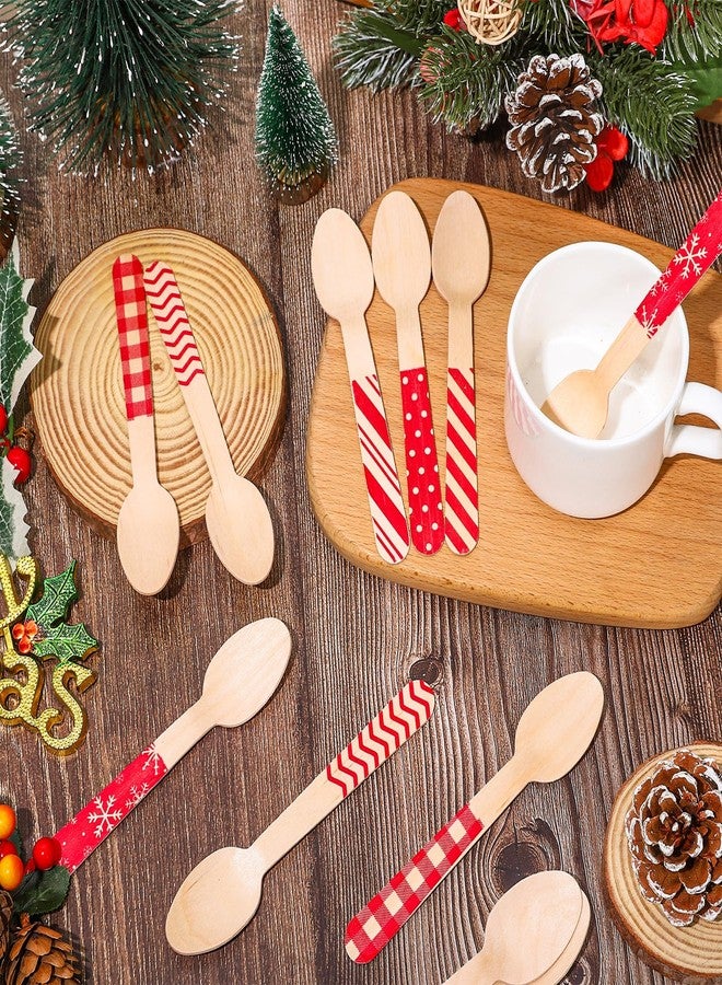 JarThenaAMCS 120Pcs Christmas Wooden Spoon Red Stripe Plaid Dots Pattern Disposable Tasting Spoon 5.5 Inch Xmas Sample Taster Spoon For Hot Chocolate Cake Coffee Ice Cream, 6 Styles - Image 4