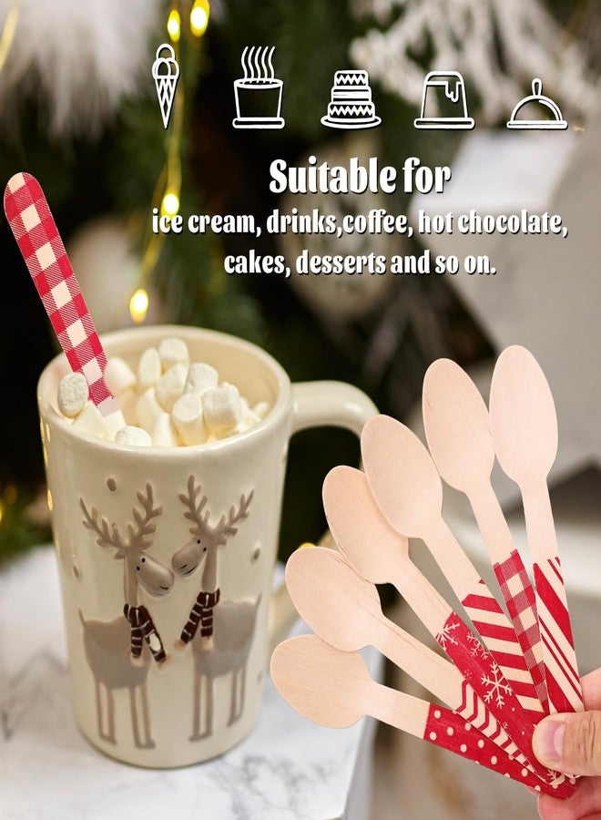 JarThenaAMCS 120Pcs Christmas Wooden Spoon Red Stripe Plaid Dots Pattern Disposable Tasting Spoon 5.5 Inch Xmas Sample Taster Spoon For Hot Chocolate Cake Coffee Ice Cream, 6 Styles - Image 3