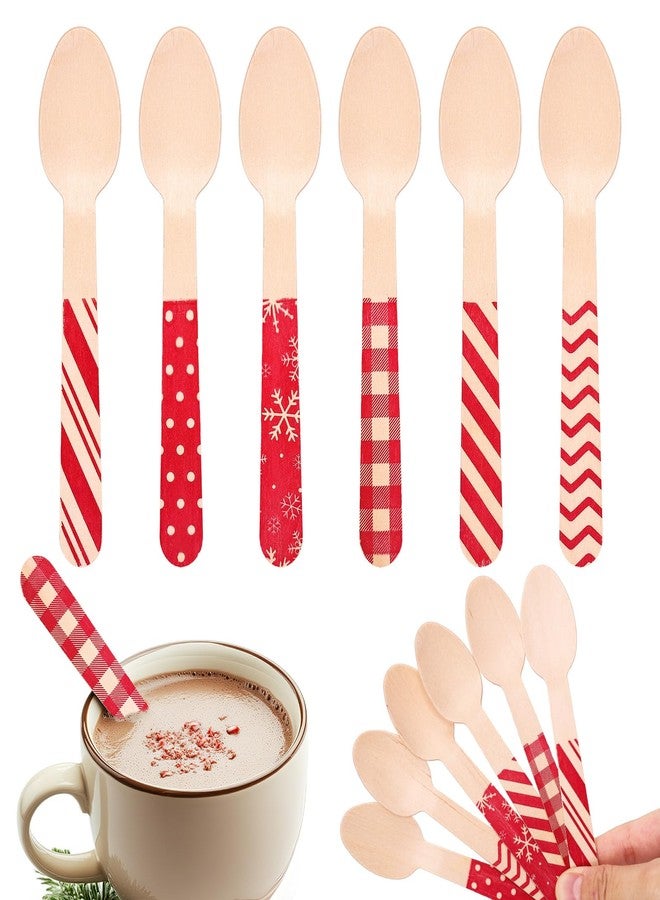 JarThenaAMCS 120Pcs Christmas Wooden Spoon Red Stripe Plaid Dots Pattern Disposable Tasting Spoon 5.5 Inch Xmas Sample Taster Spoon For Hot Chocolate Cake Coffee Ice Cream, 6 Styles - Image 1