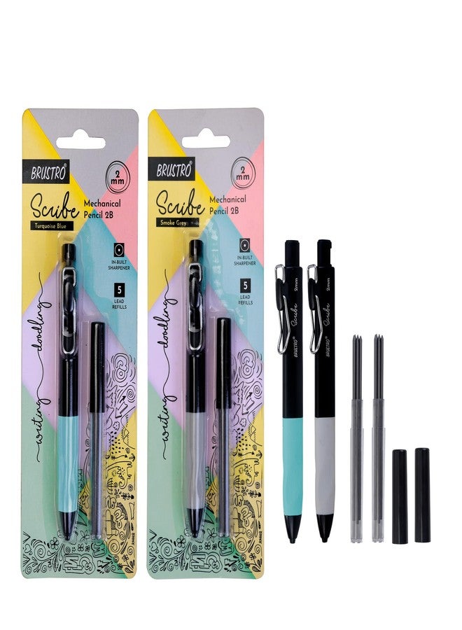 BRUSTRO Scribe Mechanical Pencil 2B | Tip 2MM, Set of 2 (Smoke Grey & Turquoise Blue) with Built-in Sharpener and 5 Extra Leads |Ideal For Writing,Sketching,Drawing,Mandala Arts,Schools - Image 1