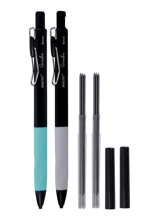 BRUSTRO Scribe Mechanical Pencil 2B | Tip 2MM, Set of 2 (Smoke Grey & Turquoise Blue) with Built-in Sharpener and 5 Extra Leads |Ideal For Writing,Sketching,Drawing,Mandala Arts,Schools - Image 2