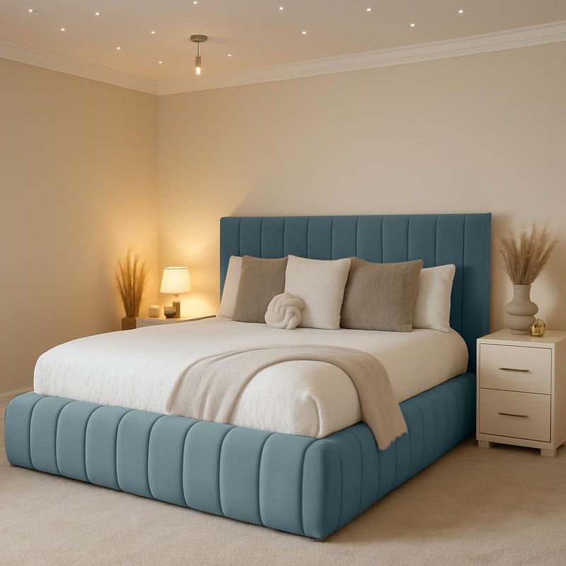 Luxury Modern Fabric Platform Bed Frame with Vertical Channel Panel Headboard - Sea Blue, Full (140x200cm with Spring Mattress) - Image 1