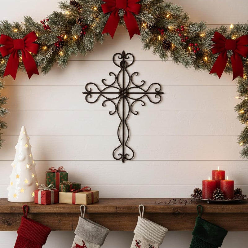 RELY+ + Black Matte Wall Cross 14x10 Inch Living Room Décor Outdoor Crucifix Rustic Wall Decor Metal Wall Art Decorative Hanging Iron Wrought Wall Décor crosses for Indoor Home Halloween Decorations - Image 1