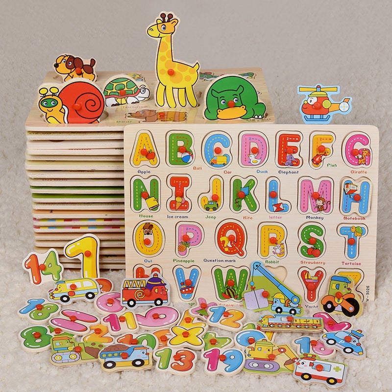 Hand-Held Board Children'S Wooden Puzzle Early Education Digital Letters Animal Traffic Learning Cognitive Puzzle - Image 2