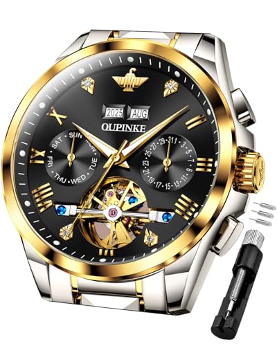 OUPINKE Men's Automatic Watch 44mm Big Dial,Luxury Mechanical Wristwatch,Sapphire Crystal Glass,50M Waterproof, Tungsten Steel with Date Display (Black Dial,Two Tone Tungsten Steel Strap) - Image 1