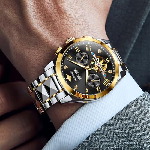 OUPINKE Men's Automatic Watch 44mm Big Dial,Luxury Mechanical Wristwatch,Sapphire Crystal Glass,50M Waterproof, Tungsten Steel with Date Display (Black Dial,Two Tone Tungsten Steel Strap) - Image 2