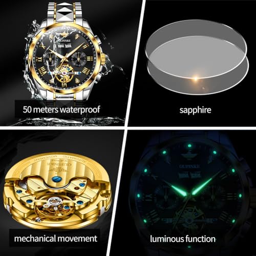 OUPINKE Men's Automatic Watch 44mm Big Dial,Luxury Mechanical Wristwatch,Sapphire Crystal Glass,50M Waterproof, Tungsten Steel with Date Display (Black Dial,Two Tone Tungsten Steel Strap) - Image 4
