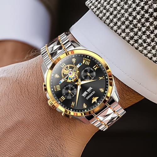 OUPINKE Men's Automatic Watch 44mm Big Dial,Luxury Mechanical Wristwatch,Sapphire Crystal Glass,50M Waterproof, Tungsten Steel with Date Display (Black Dial,Two Tone Tungsten Steel Strap) - Image 3