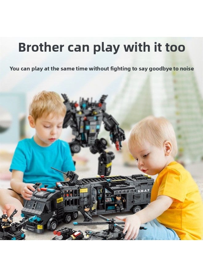 Compatible With Lego Building Blocks Assembled Toys Educational Boys Children Intelligence Small Particle Deformation Car Special Police Baby-Color:8577 Black Hawk Multi-form Special Police 700 Particles [large Color Bag] Delivery Device  - Image 3