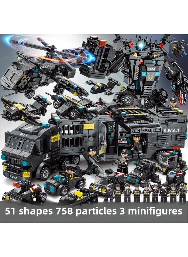 Compatible With Lego Building Blocks Assembled Toys Educational Boys Children Intelligence Small Particle Deformation Car Special Police Baby-Color:8577 Black Hawk Multi-form Special Police 700 Particles [large Color Bag] Delivery Device  - Image 1