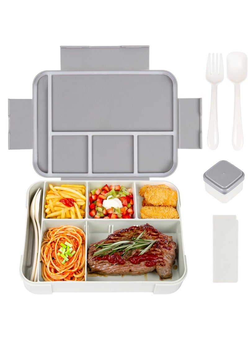 Bento Lunch Box for Kids, 1330ML Bento Box Adult Lunch Box with 6 Compartment, Leakproof Snack Boxes with Utensil Sauce Dressing Containers, Reusable On-the-Go Meal and Snack Packing(Gray) - Image 1