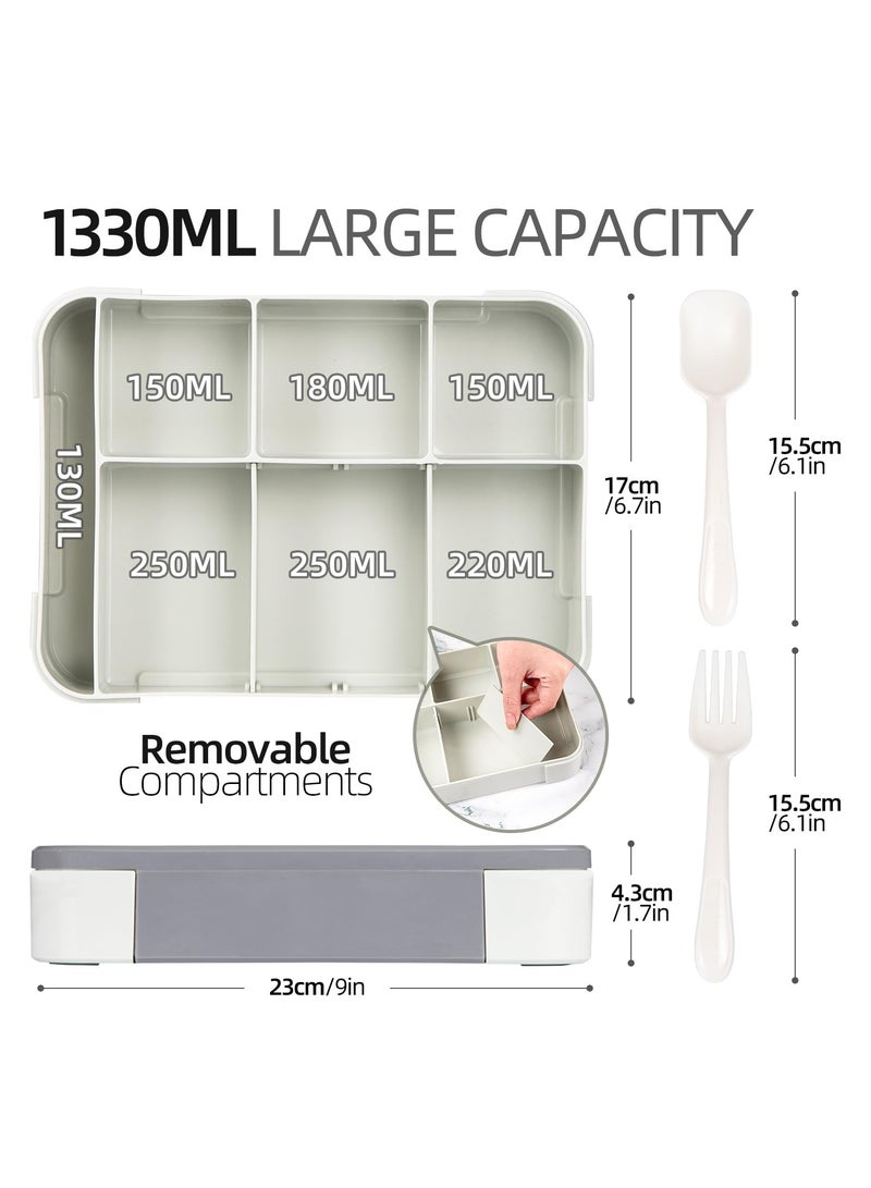 Bento Lunch Box for Kids, 1330ML Bento Box Adult Lunch Box with 6 Compartment, Leakproof Snack Boxes with Utensil Sauce Dressing Containers, Reusable On-the-Go Meal and Snack Packing(Gray) - Image 2