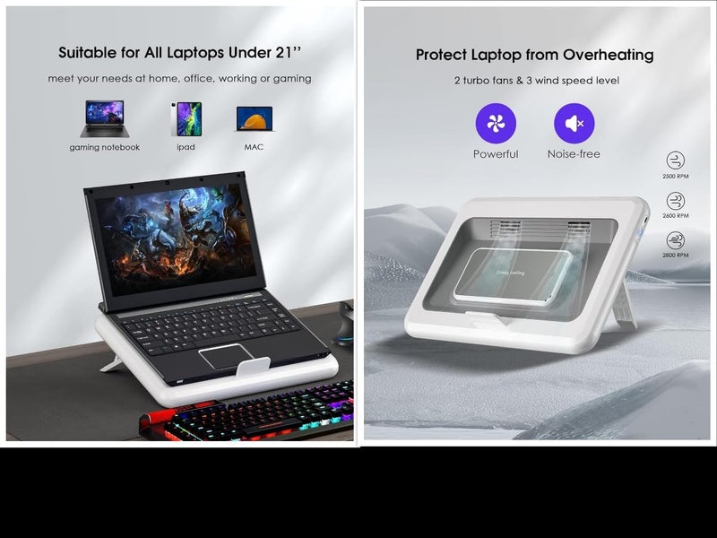 Cubonic H6 Laptop Cooling Stand, Gaming Cooler Pad with Semiconductor Refrigeration, 2 Turbo Fans, Adjustable 6-Level Height, Compatible with Laptops/Tablets Under 18 inches (H6, White) - Image 2