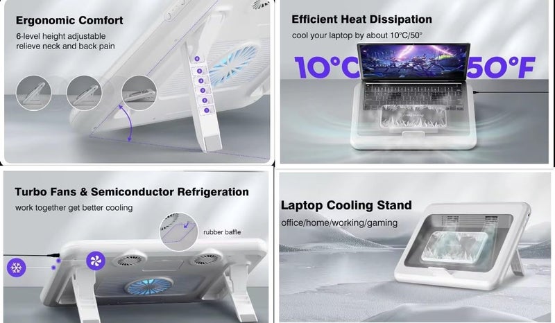 Cubonic H6 Laptop Cooling Stand, Gaming Cooler Pad with Semiconductor Refrigeration, 2 Turbo Fans, Adjustable 6-Level Height, Compatible with Laptops/Tablets Under 18 inches (H6, White) - Image 4