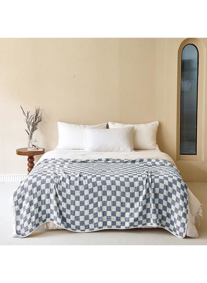 SANACYNA 6-Layer Gauze Muslin Blanket 100% Cotton Blue Checkerboard King Size 90"x104" Bed Blanket Lightweight Soft and Breathable Cozy Blanket Bed Coverlet Both Sides (Blue Checkerboard, King) - Image 2