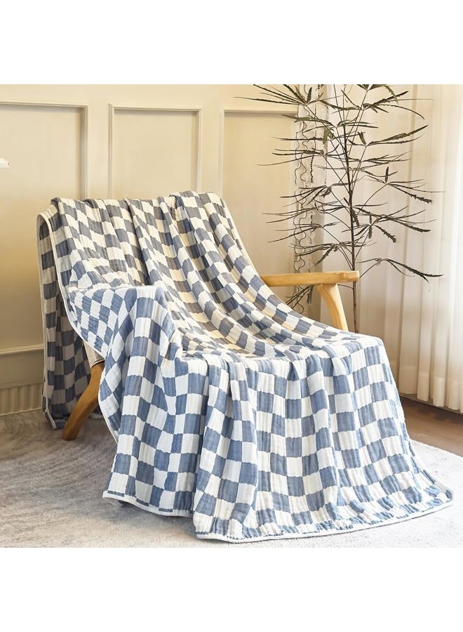 SANACYNA 6-Layer Gauze Muslin Blanket 100% Cotton Blue Checkerboard King Size 90"x104" Bed Blanket Lightweight Soft and Breathable Cozy Blanket Bed Coverlet Both Sides (Blue Checkerboard, King) - Image 3
