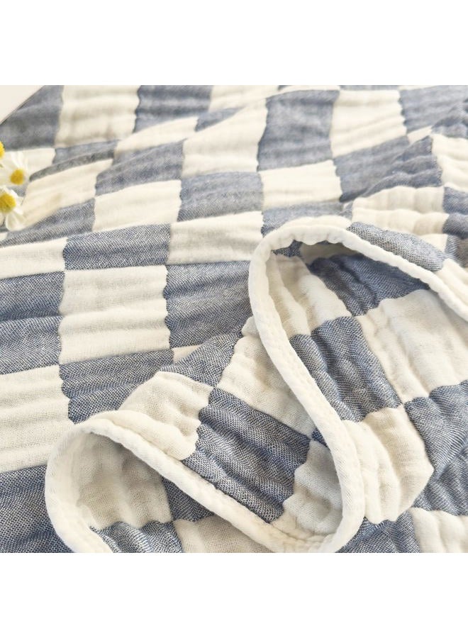 SANACYNA 6-Layer Gauze Muslin Blanket 100% Cotton Blue Checkerboard King Size 90"x104" Bed Blanket Lightweight Soft and Breathable Cozy Blanket Bed Coverlet Both Sides (Blue Checkerboard, King) - Image 4