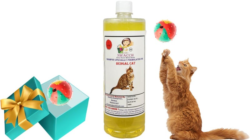 swacch Bengal Cat Shampoo + Rubber Musical Ball I Chew Playing Rubber Ball I Interactive Cat Toy Balls I Training & Play I Combo Pack I 1 Litre Lemon - Image 1