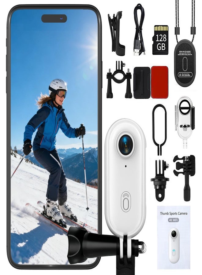 NUISK 4K Thumb Action Camera | 128G Sports Camera for POV Photoshooting: Waterproof Sports Camera The Size of a Thumb Suitable for Running Cycling Swimming Hiking Adventure Etc (White) - Image 1