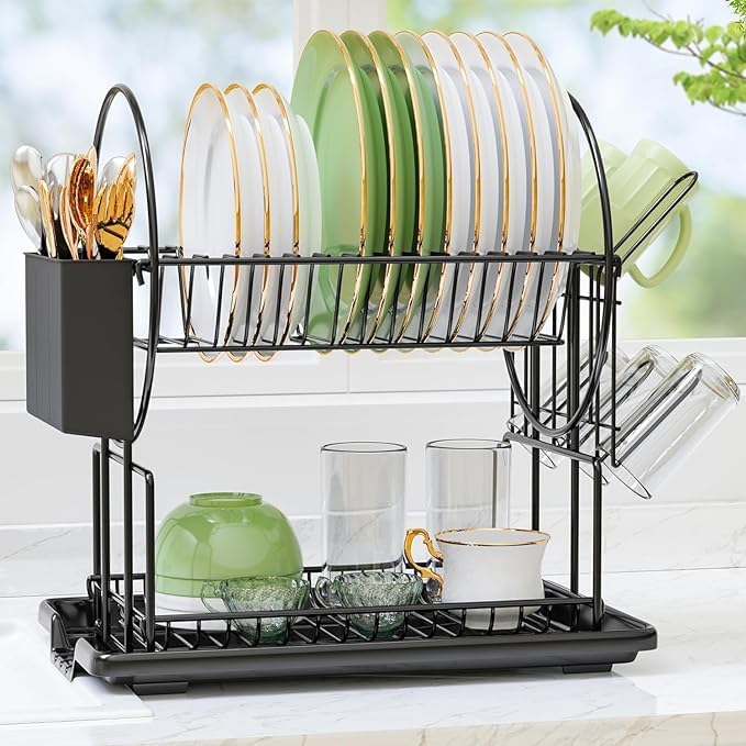 Glaceon Glaceon Dish Drainer 2Tier Dish Drainer with Drip Trays Cutlery Holder Cup Holder Draining Board Large Cutlery BasketKitchen Counter of Dishwasher Rack with Tra 339 Rack  - Image 1