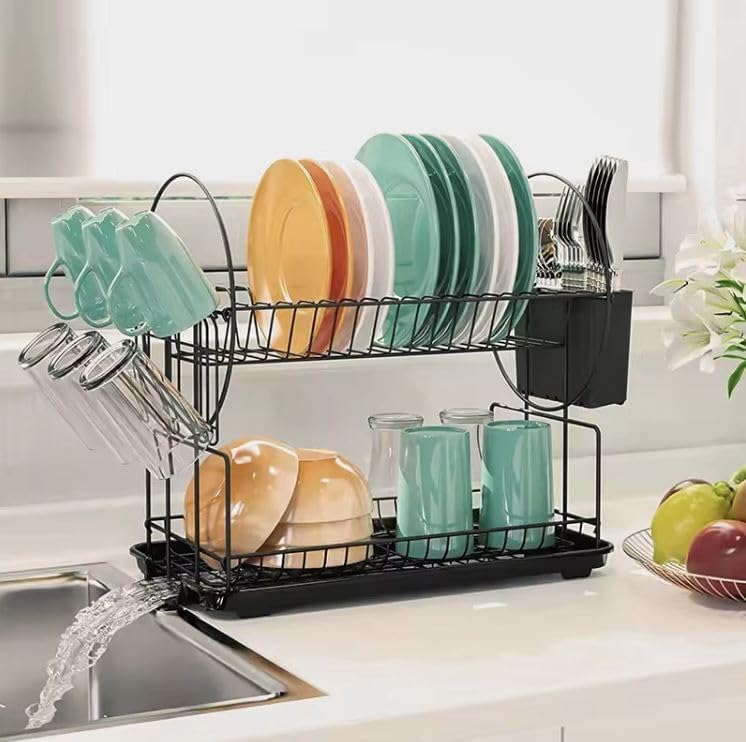 Glaceon Glaceon Dish Drainer 2Tier Dish Drainer with Drip Trays Cutlery Holder Cup Holder Draining Board Large Cutlery BasketKitchen Counter of Dishwasher Rack with Tra 339 Rack  - Image 4