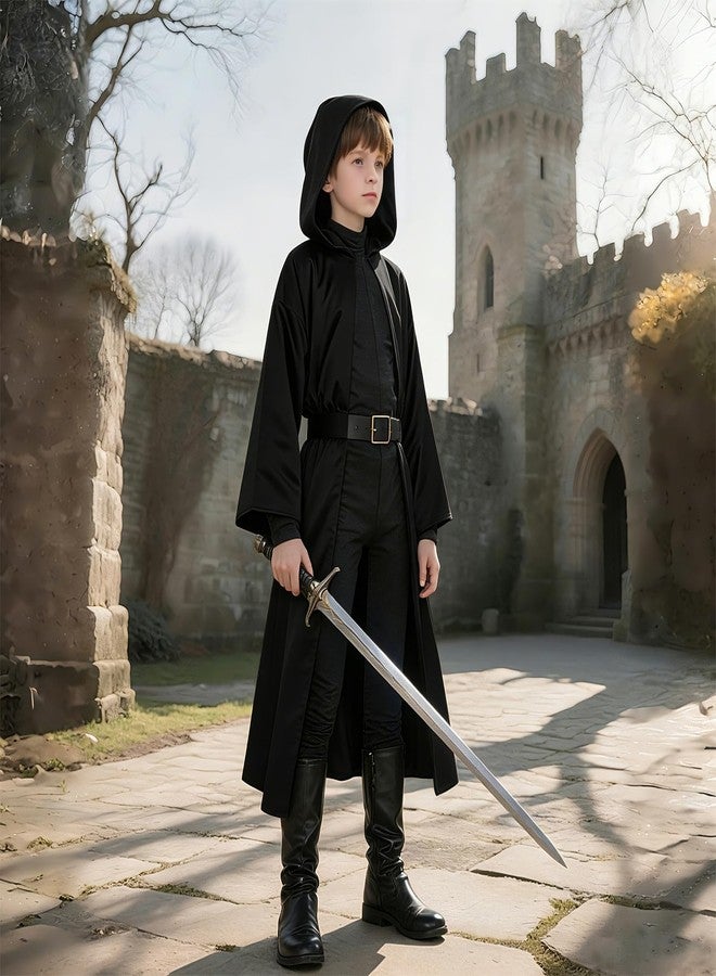 Prebene Kids Knight Robe Hooded Cloak, Halloween Costume for Boys Cosplay 3-14 Years - Ranger Wizard Elven Hooded Cape Robe (Black, M) - Image 5