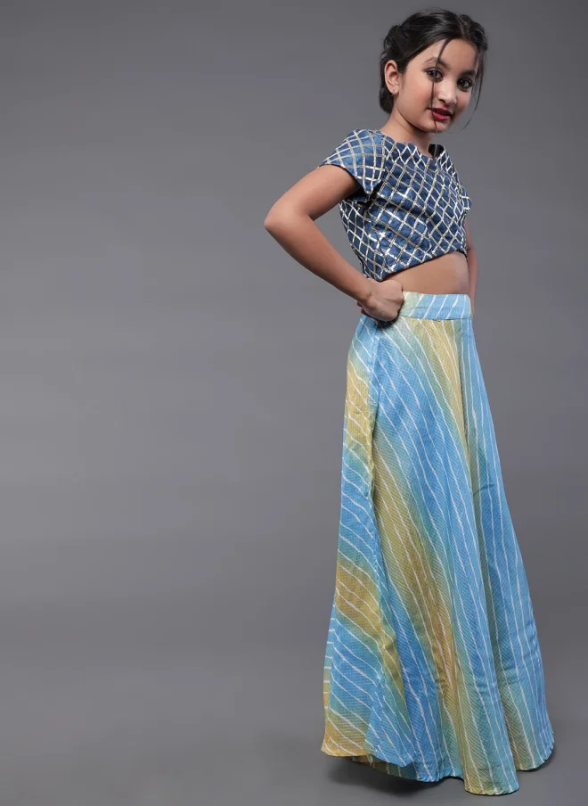 AKS Blue and Yellow Printed Lehenga Choli Set for Girls
