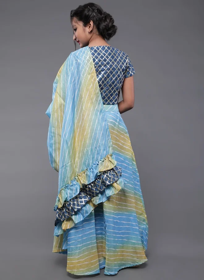 AKS Blue and Yellow Printed Lehenga Choli Set for Girls