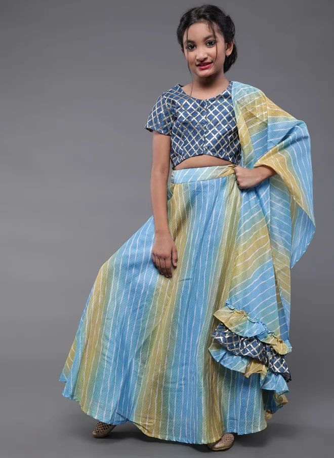 AKS Blue and Yellow Printed Lehenga Choli Set for Girls