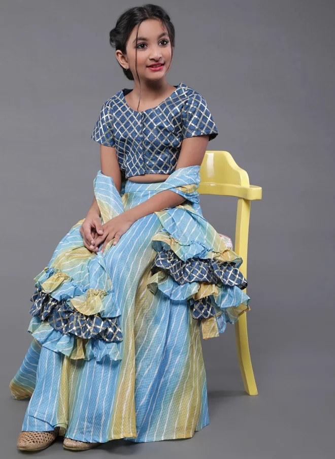 AKS Blue and Yellow Printed Lehenga Choli Set for Girls