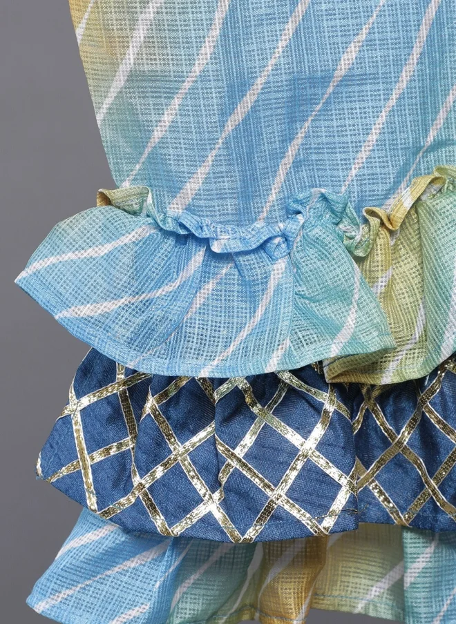 AKS Blue and Yellow Printed Lehenga Choli Set for Girls