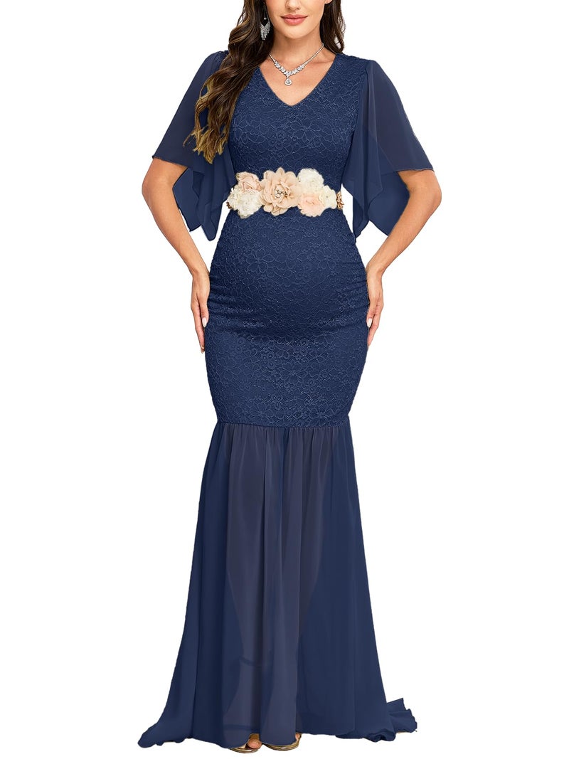 AISWI Maternity Lace Mermaid Dress V Neck Handkerchief Sleeve Chiffon Maxi Gown for Wedding Guest Photoshoot Baby Shower, Navy, L - Image 1