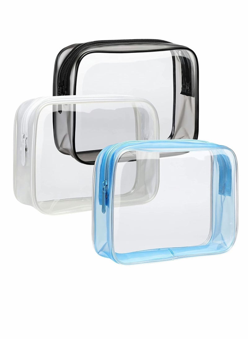 Clear Toiletry Bag, 3 Pack Travel Clear Cosmetic Bag for Women Men Quart Size Bag, Carry on Airport Airline Compliant Bag, Black, White, Blue - Image 1