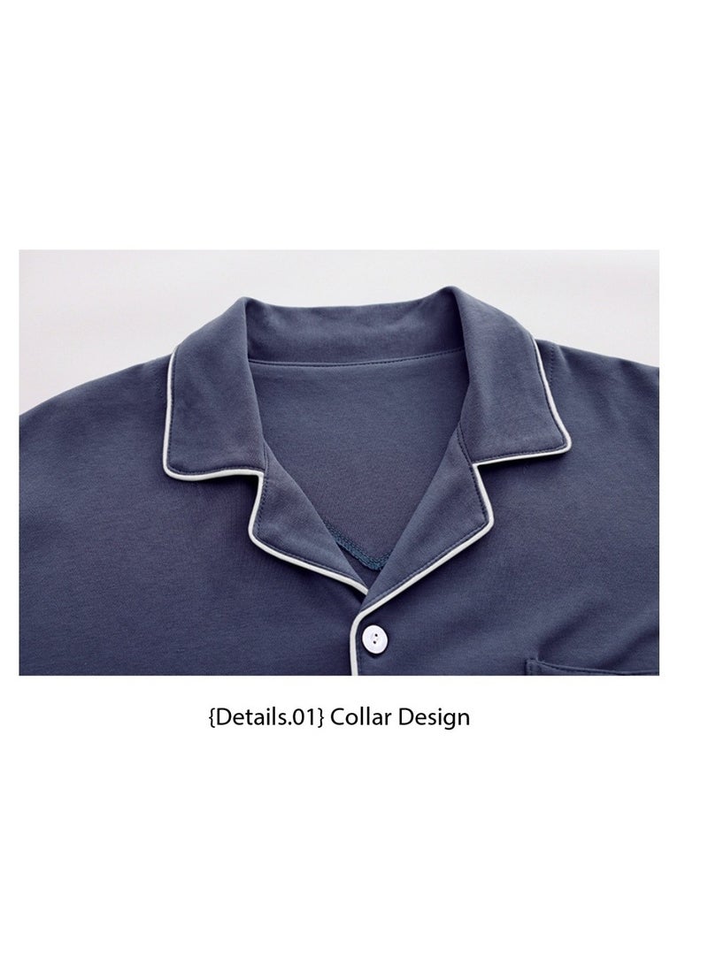 Feraco 100% Cotton Men's Pajama Long-Sleeved Cardigan Homewear Set for Spring and Autumn - Premium Loose Fit Plus Size (Navy Blue) - Image 2