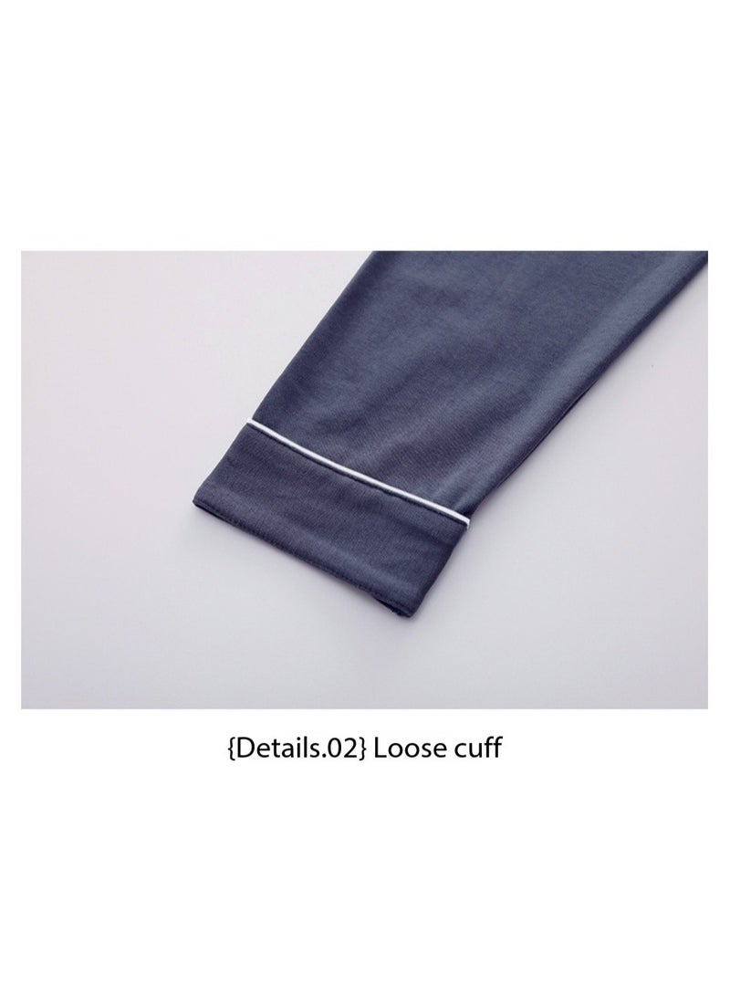 Feraco 100% Cotton Men's Pajama Long-Sleeved Cardigan Homewear Set for Spring and Autumn - Premium Loose Fit Plus Size (Navy Blue) - Image 3