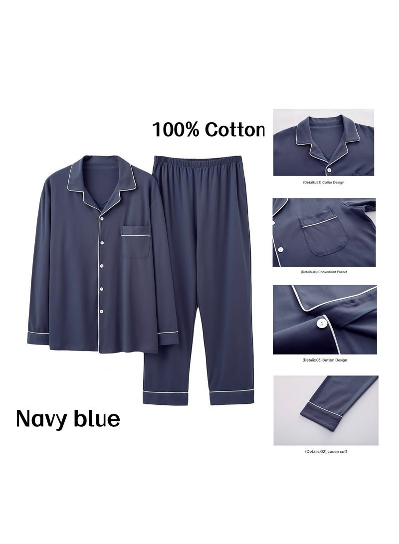 Feraco 100% Cotton Men's Pajama Long-Sleeved Cardigan Homewear Set for Spring and Autumn - Premium Loose Fit Plus Size (Navy Blue) - Image 1