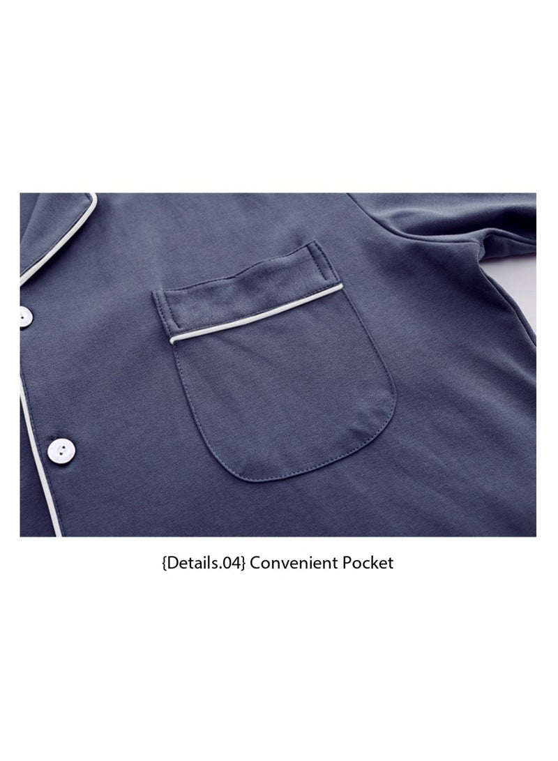 Feraco 100% Cotton Men's Pajama Long-Sleeved Cardigan Homewear Set for Spring and Autumn - Premium Loose Fit Plus Size (Navy Blue) - Image 5