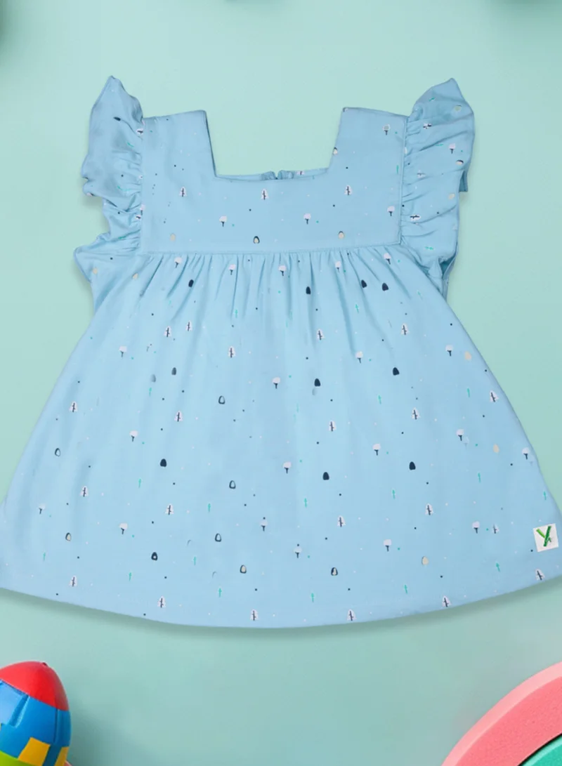 لؤي فستان LUAY للفتيات مصنوع من قماش الخيزران فائق النعومة بنسبة 100% بأكمام مكشكشة - أزرق شفاف