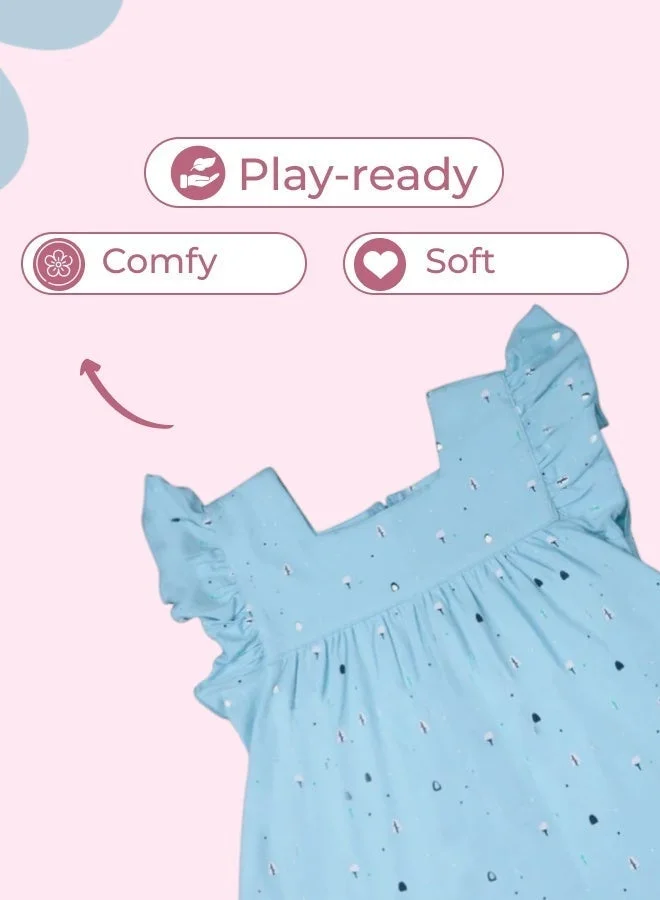 LUAY Girls 100% Bamboo based Ultra-Soft fabric Dress with ruffled sleeves_Clear Blue