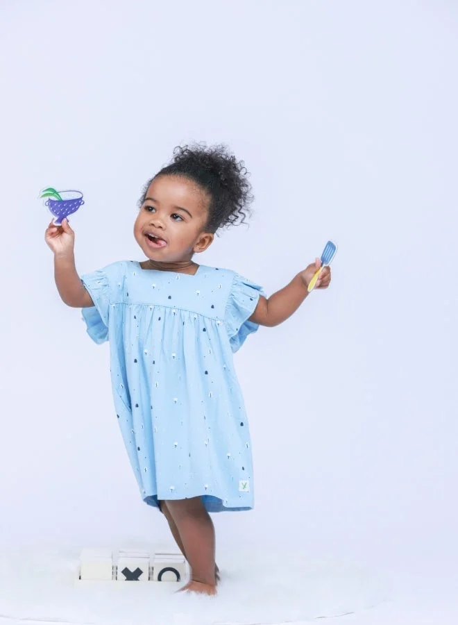 LUAY Girls 100% Bamboo based Ultra-Soft fabric Dress with ruffled sleeves_Clear Blue