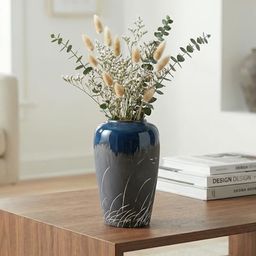Wancetang Black and Navy Blue Vase, 8 Inch Dark Blue Ceramic Vase for Flowers, Modern Decorative Vases for Home Decor, Coastal Living Room Decor, Navy Table Centerpiece - Image 3