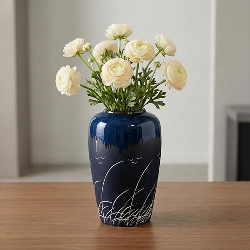 Wancetang Black and Navy Blue Vase, 8 Inch Dark Blue Ceramic Vase for Flowers, Modern Decorative Vases for Home Decor, Coastal Living Room Decor, Navy Table Centerpiece - Image 1