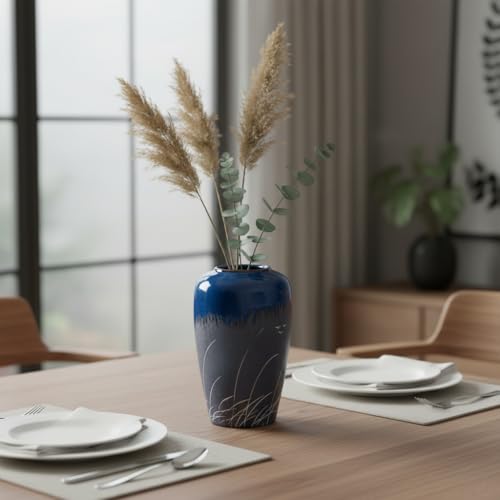 Wancetang Black and Navy Blue Vase, 8 Inch Dark Blue Ceramic Vase for Flowers, Modern Decorative Vases for Home Decor, Coastal Living Room Decor, Navy Table Centerpiece - Image 4