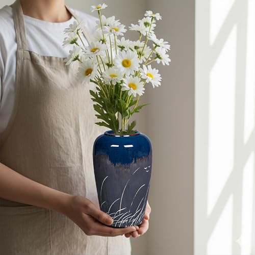 Wancetang Black and Navy Blue Vase, 8 Inch Dark Blue Ceramic Vase for Flowers, Modern Decorative Vases for Home Decor, Coastal Living Room Decor, Navy Table Centerpiece - Image 5