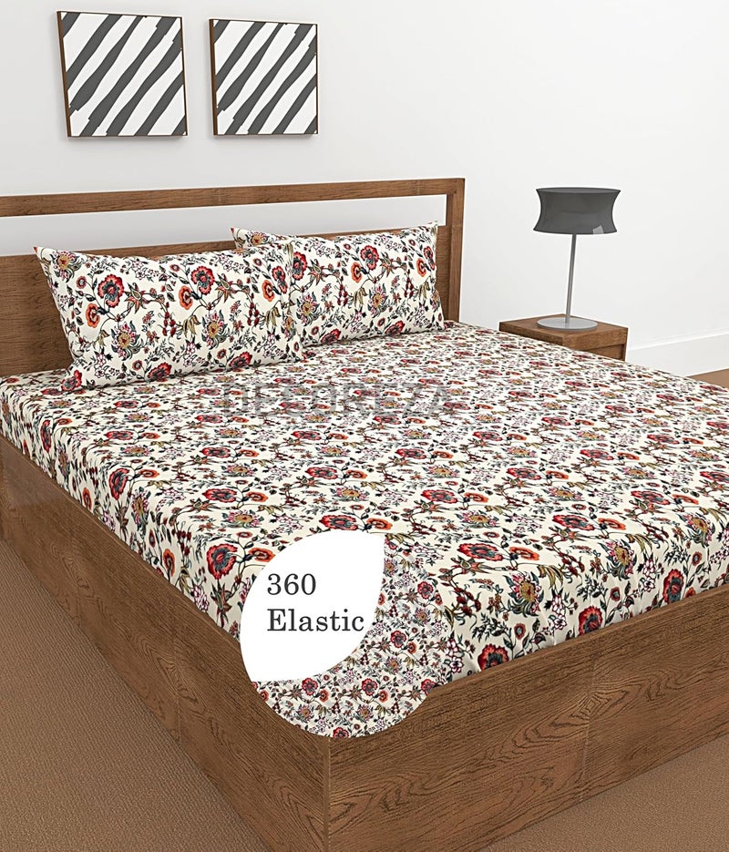 DECOREZA 350 TC Queen Size Elastic Fitted Bedsheet with Deep Pocket Cotton Feel Bed Sheet for Double Bed, Soft, Breathable & Wrinkle-Resistant, Includes 2 Pillow Covers, Size - 60"x78" Wine Red - Image 1